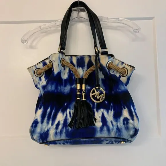 Michael Kors Marina Tie Dye Tote Blue Canvas Large Bag Tassel Gold Hardware - Picture 1 of 9
